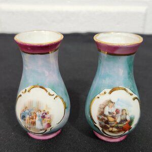 Vintage Set of 2Teal and Pink Limoges Gold Accented Porcelain Miniature Vases